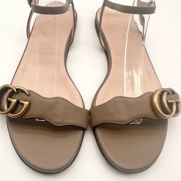 Gucci GG Leather Marmont Ankle Buckle Sandals Scalloped Mud Flat Heel EU37 US7 - Picture 10 of 13